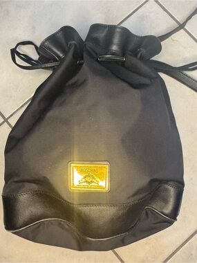 Moschino Black Drawstring Backpack with Gold Logo Patch 14x13x6
